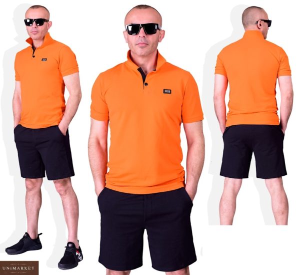 Заказать оранжевый мужской летний костюм поло с черными шортами (размер 48-54) недорого