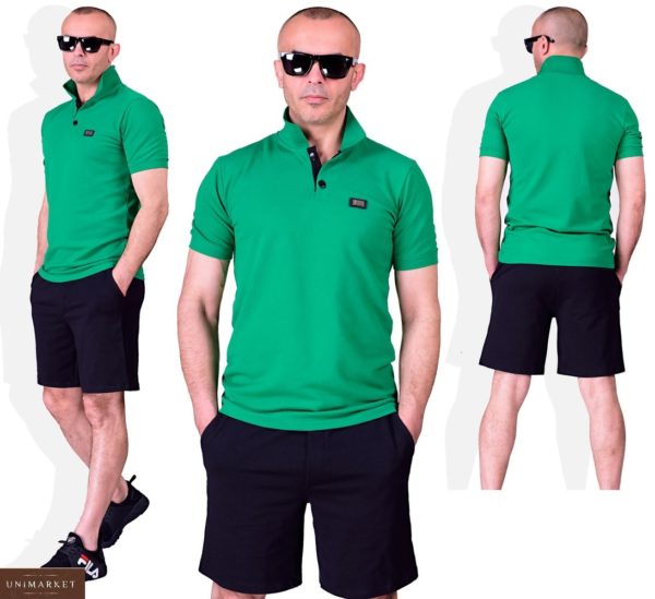 Купить зеленый мужской летний костюм поло с черными шортами (размер 48-54) выгодно