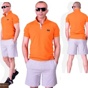 Купить оранжевый мужской летний костюм поло с серыми шортами (размер 48-54) хорошего качества