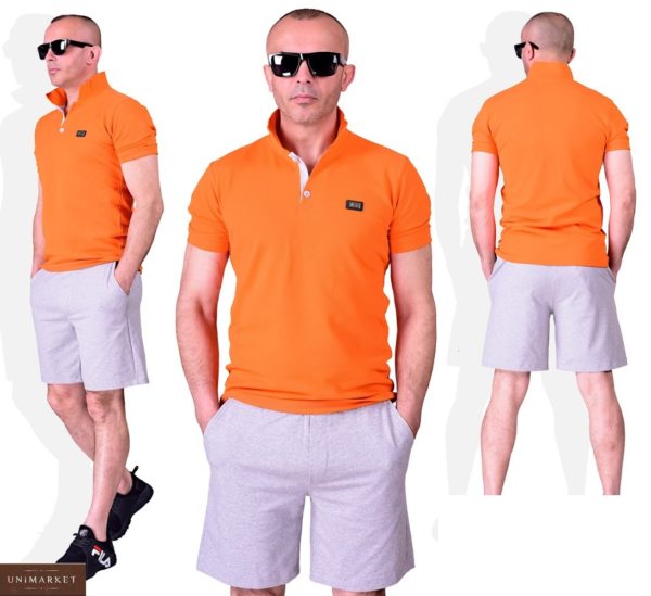 Купити помаранчевий чоловічий літній костюм поло з сірими шортами (розмір 48-54) хорошої якості