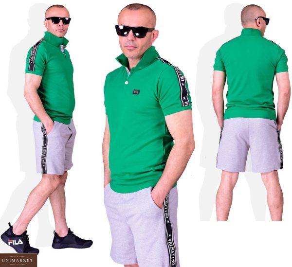 Купить зеленый мужской костюм: футболка поло+ серые шорты (размер 48-54) по низким ценам