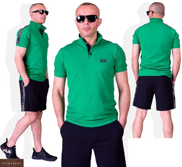 Купити зелений чоловічий костюм: футболка поло + чорні шорти (розмір 48-54) в Україні