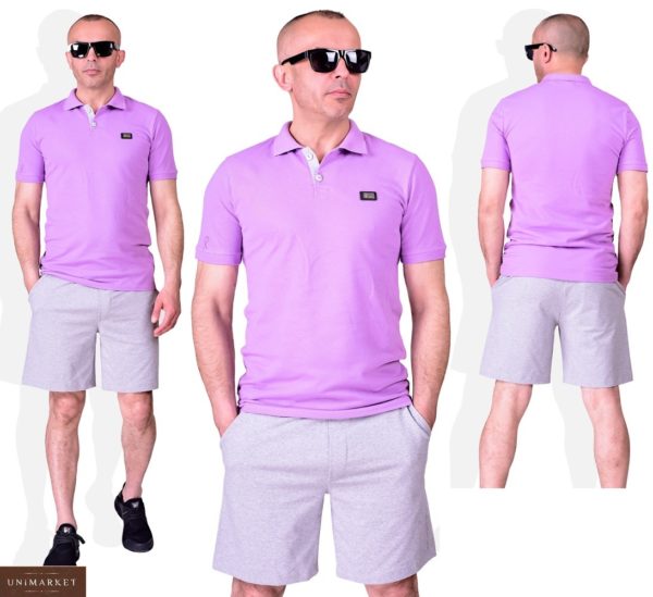 Заказать лиловый мужской летний костюм поло с серыми шортами (размер 48-54) в Харькове