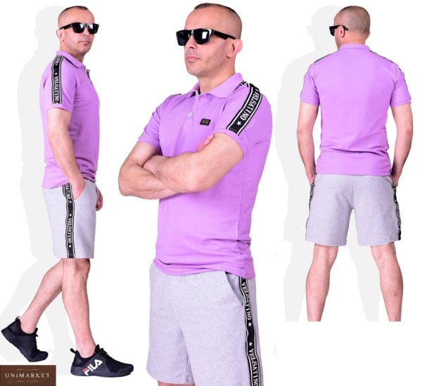 Заказать лиловый мужской костюм: футболка поло+ серые шорты (размер 48-54) хорошего качества