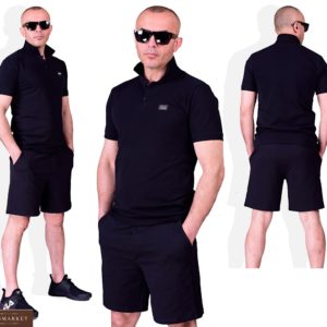 Придбати чорний чоловічий літній костюм поло з чорними шортами (розмір 48-54) за низькими цінами