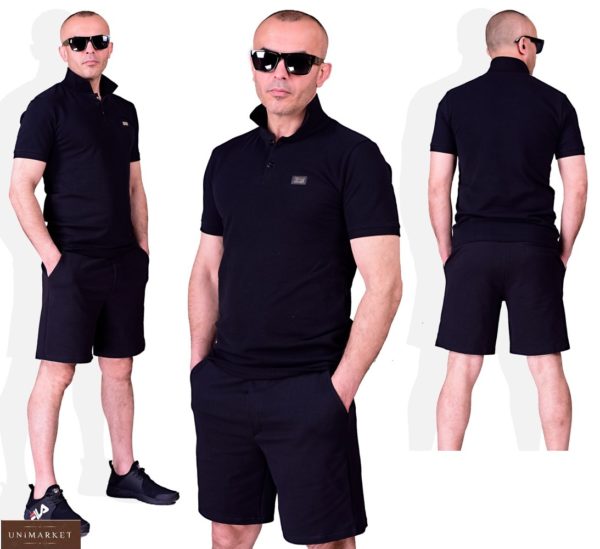 Придбати чорний чоловічий літній костюм поло з чорними шортами (розмір 48-54) за низькими цінами
