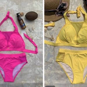 Замовити рожевий, жовтий жіночий купальник халтер зі вставками з сітки по знижці