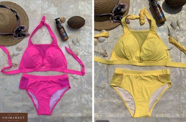 Замовити рожевий, жовтий жіночий купальник халтер зі вставками з сітки по знижці
