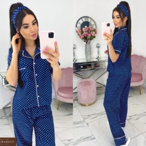 Купить синюю женскую пижаму в горошек с повязкой в комплекте (размер 42-48) в Украине