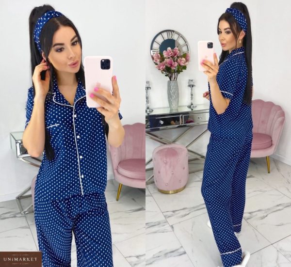 Купить синюю женскую пижаму в горошек с повязкой в комплекте (размер 42-48) в Украине
