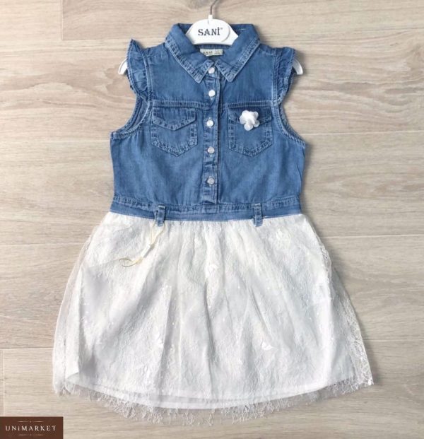 Купити синьо-біле дитяче джинсове плаття з білою мереживною спідницею в Україні