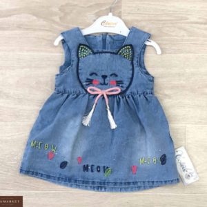 Заказать онлайн синее детское джинсовое платье с котенком со скидкой