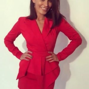 Заказать женское красное платье-пиджак с ассиметричной баской по низким ценам