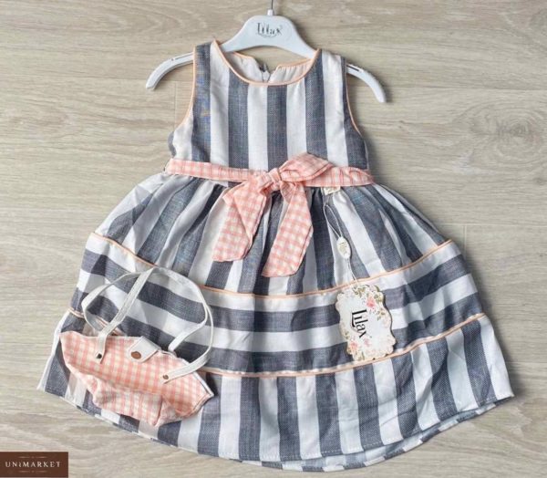 Замовити сіре дитяче плаття з бавовни в смужку з сумочкою в комплекті в Україні