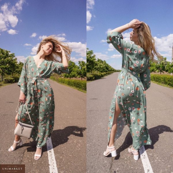 Заказать зеленое женское длинное платье с широкими рукавами в Киеве