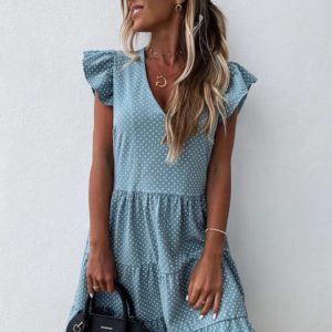 Заказать голубое женское свободное летнее платье в мелкий горох с воланами (размер 42-56) дешево