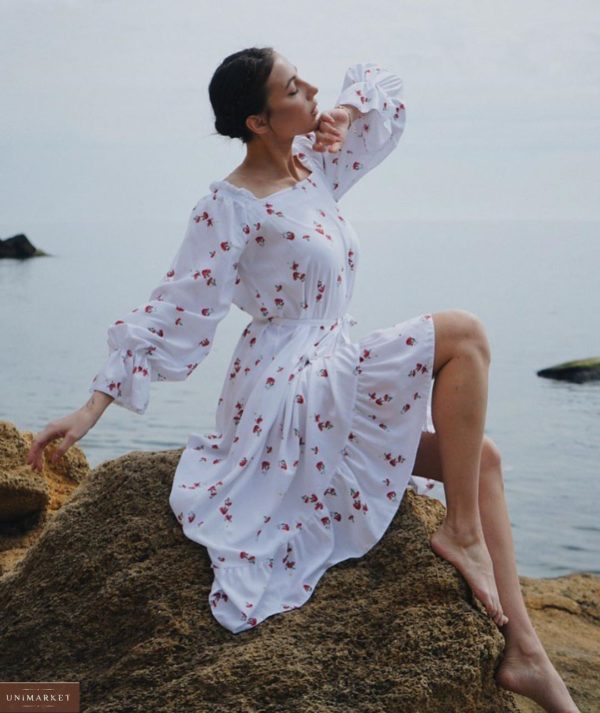 Замовити жіноче біле плаття з принтом вишеньки з поясом (розмір 42-52) в Україні