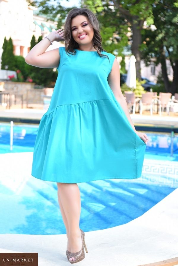 Купити блакитне жіноче літнє плаття oversize з бавовни (розмір 46-60) за низькими цінами