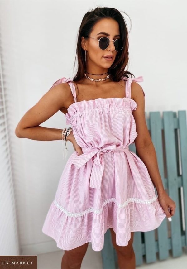 Заказать розовое женское летнее платье на завязках с поясом недорого