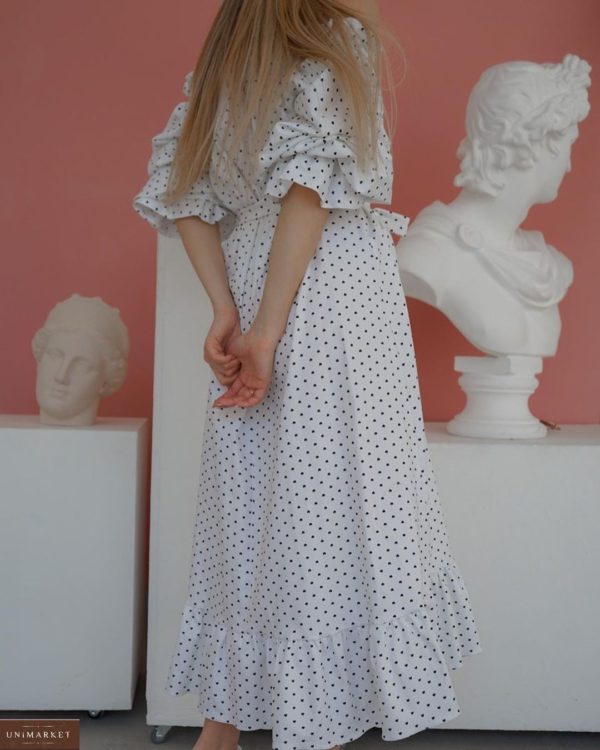 Заказать женское белое летнее платье миди с открытыми плечами и объемными рукавами (размер 42-50) дешево