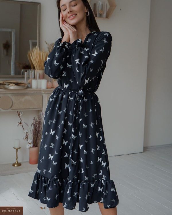 Заказать женское чёрное платье миди с принтом бабочки (размер 42-52) со скидкой