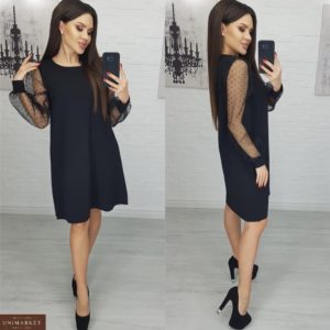 Придбати жіноче чорне плаття з рукавами з органзи в горошок дешево