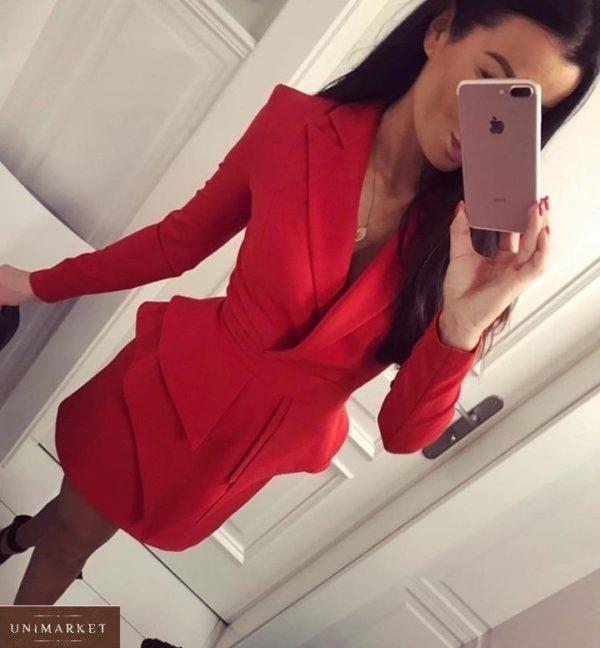 Купить женское красное платье-пиджак с ассиметричной баской по скидке