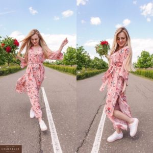Купить розовое женское длинное платье с широкими рукавами в Украине