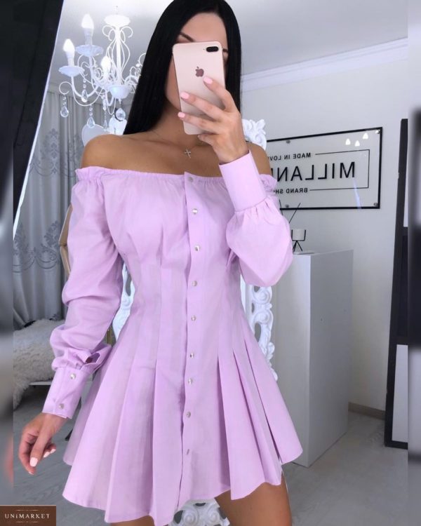 Заказать лиловое женское платье с открытыми плечами на кнопках из хлопка (размер 42-52) в Украине
