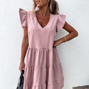 Купить розовое женское свободное летнее платье в мелкий горох с воланами (размер 42-56) выгодно