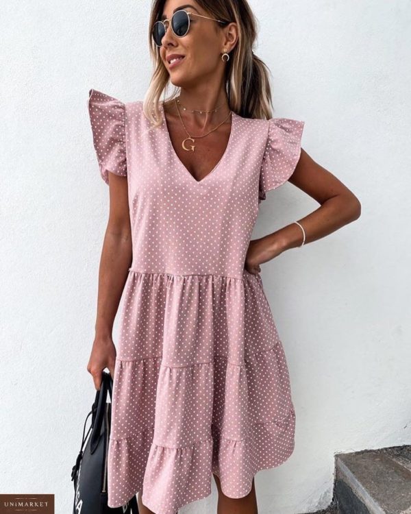 Купить розовое женское свободное летнее платье в мелкий горох с воланами (размер 42-56) выгодно