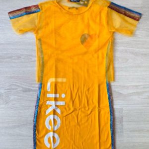 Заказать желтое детское принтованное платье с накидкой из сетки недорого