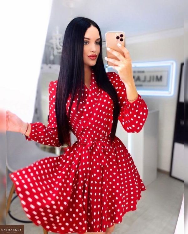 Купить красное женское платье в горох с юбкой-солнце (размер 42-52) в Украине
