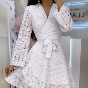 Приобрести белое женское платье на запах из прошвы с поясом (размер 42-52) в Харькове