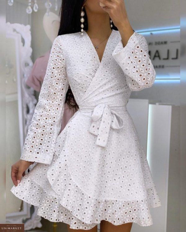 Приобрести белое женское платье на запах из прошвы с поясом (размер 42-52) в Харькове