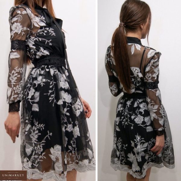 Заказать женское черное шифоновое платье с вышивкой (размер 42-52) по низким ценам