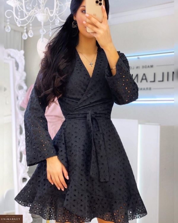 Заказать черное женское платье на запах из прошвы с поясом (размер 42-52) в Киеве