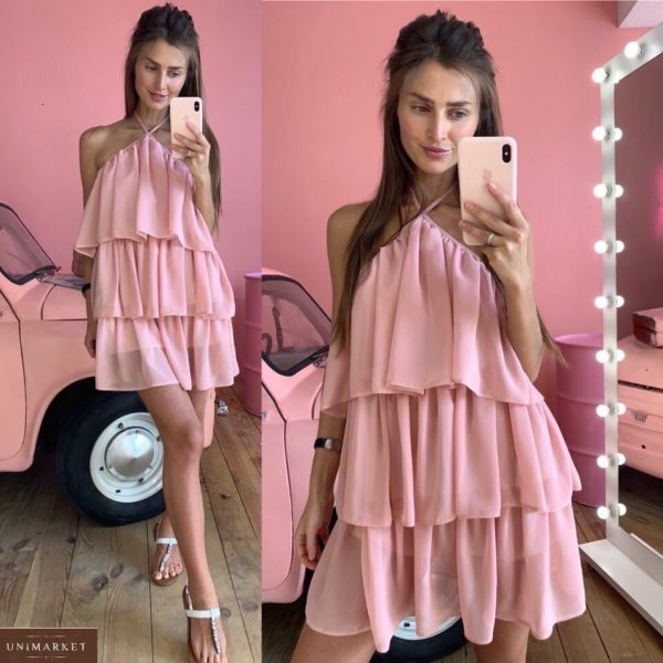 Замовити рожеву жіночу шифонову сукню з рюшами на підкладці онлайн