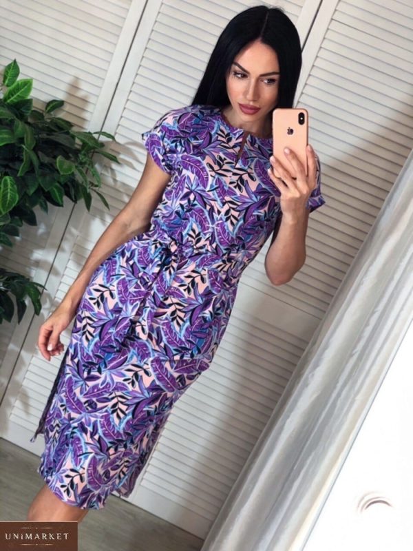 Замовити фіолетове жіноче плаття міді в квітковий принт з поясом за низькими цінами