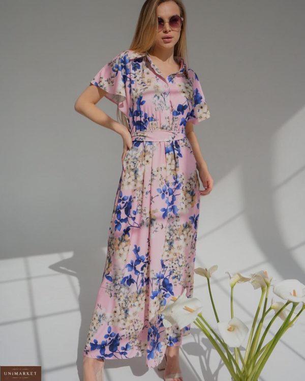 Купить розовое женское длинное платье с цветочным принтом в Киеве
