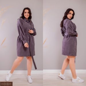 Придбати фіолетове жіноче вельветові плаття-сорочка з об'ємними рукавами (розмір 42-52) дешево
