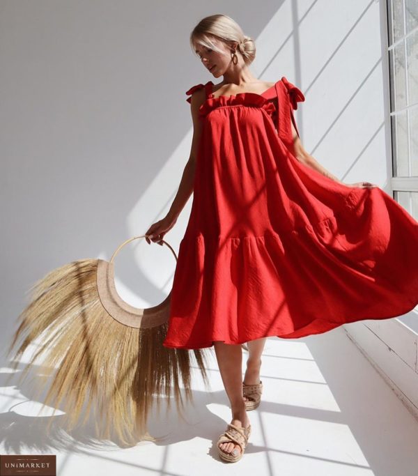 Заказать женский красный летний сарафан оверсайз из льна на завязках по скидке