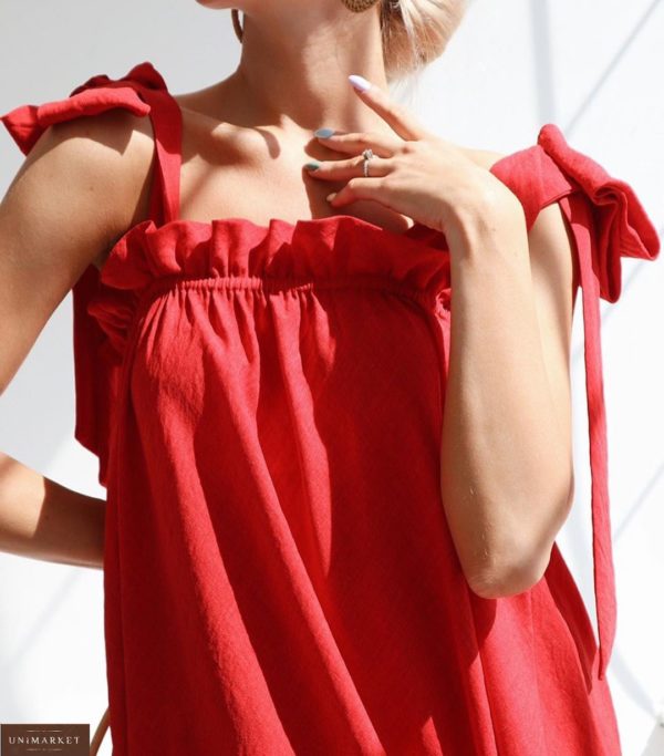 Купити жіночий червоний літній сарафан оверсайз з льону на зав'язках в Україні