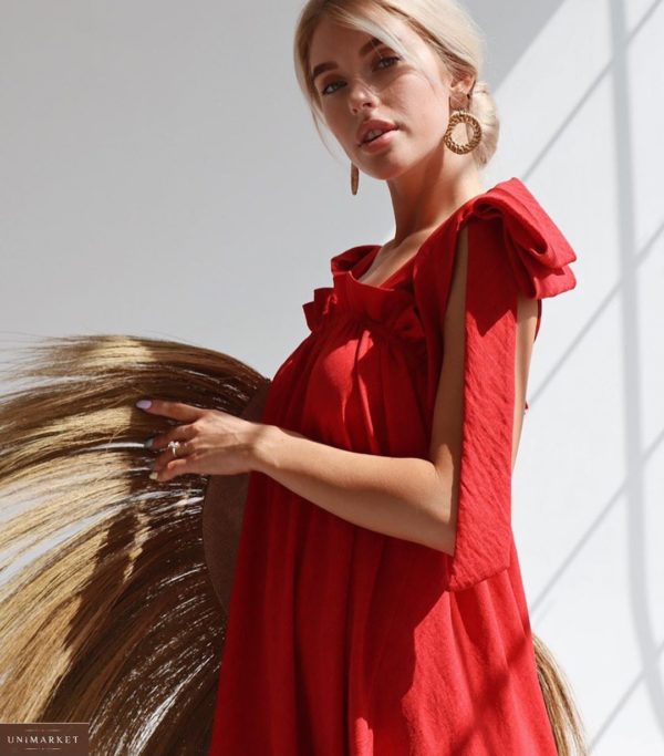 Заказать женский красный летний сарафан оверсайз из льна на завязках онлайн