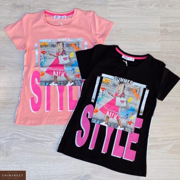 Купити рожеву, чорну дитячу футболку з бавовни з принтом Style в Україні