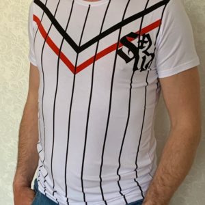 Замовити білу чоловічу футболку з бавовни в вертикальну смужку (розмір 46-54) в Україні