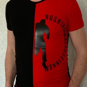 Приобрести красную мужскую двухцветную футболку с круглым вырезом (размер 46-54) по низкой цене