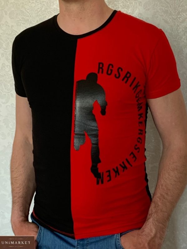 Приобрести красную мужскую двухцветную футболку с круглым вырезом (размер 46-54) по низкой цене