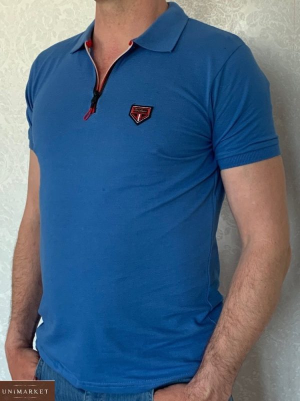 Купити блакитну чоловічу футболку поло на змійці (розмір 46-54) в Києві