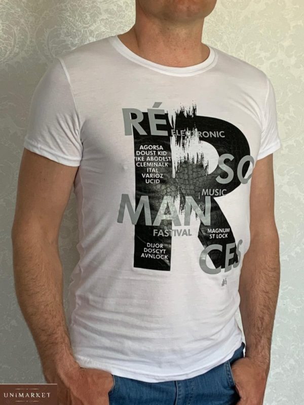 Заказать белую мужскую люминесцентную футболку с принтом (размер 46-54) по скидке